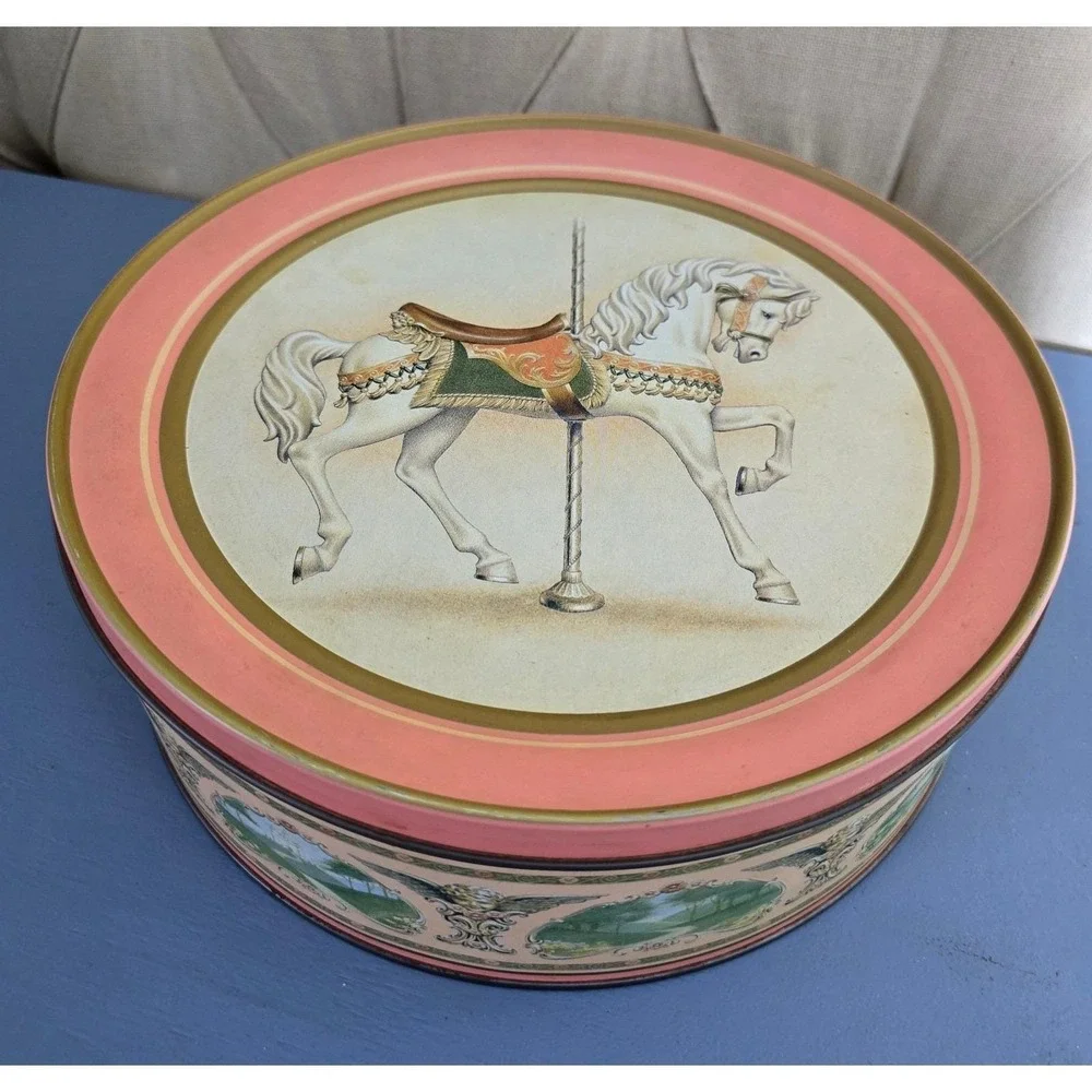 Vintage 1991 Carousel Horse Round Tin Biscuit Cookie Box Pink Decorative Storage